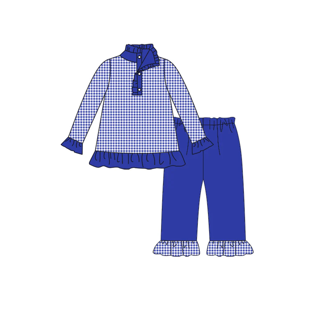 8.9preorder(moq 5) Baby Girls Fall Football Team Blue Pullover Top Pants Clothing Sets