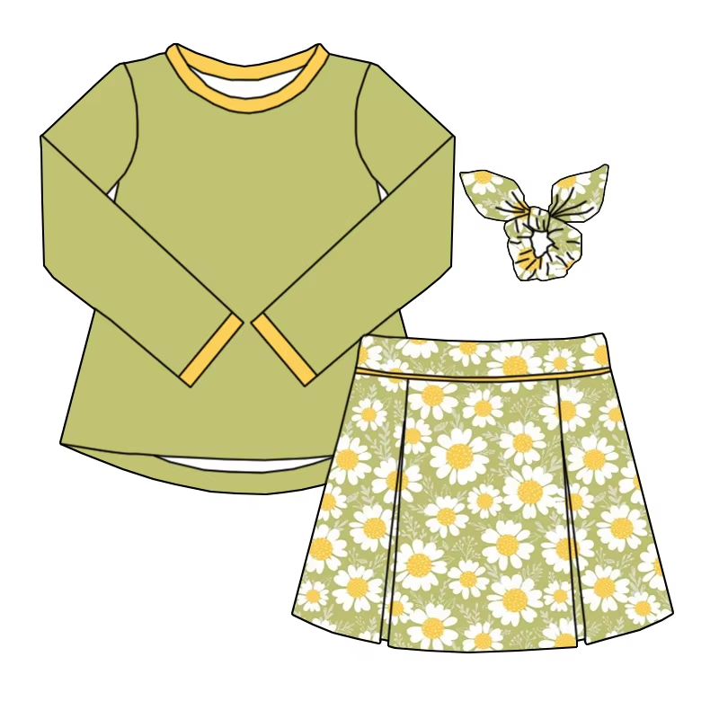 6.10 Solid color top and green flower skirt and pants set