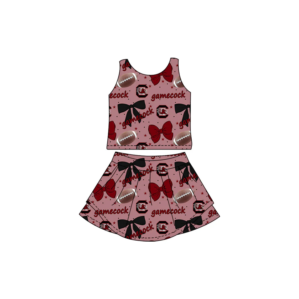7.22Preorder (moq 5)Baby Girls Sleeveless Team Gamecock Bows Plaid Vest Top Skorts Set