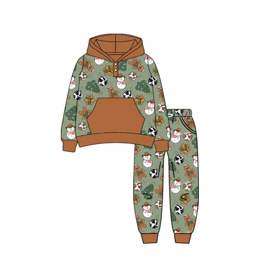 7.19Preorder (moq 5)Baby Boys Long Sleeves Lights Snowman Trees Button Pocket Hoodies Pant Set