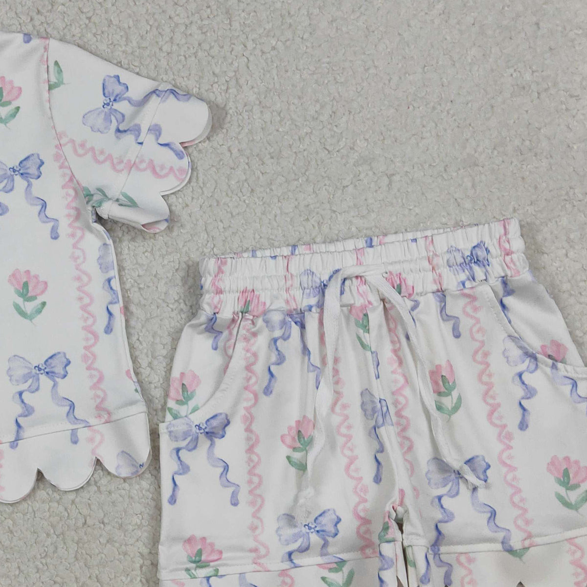 GSSO3272 Baby Girls Short Sleeve Blue Bow Flowers Stripe Top Shorts Scallop Clothes Sets