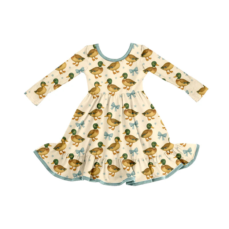 8.12Preorder (moq 5)Baby Girls Cute Mallard Ducks Ruffle Knee Length Dresses