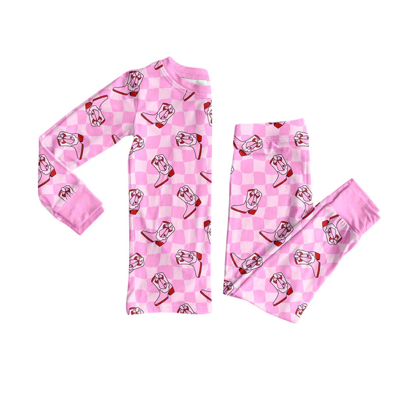 8.12Preorder(moq 5) Baby Girls Western Pink Checkered Boots Top Pants Lounge Wear Pajamas Sets