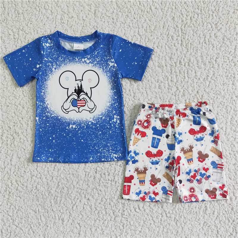BSSO0068 Boys Blue National Day Mickey Castle Short Sleeve Shorts Set