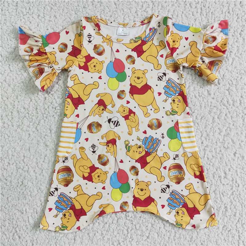 cartoon bear girls dress kids skirts with pockets