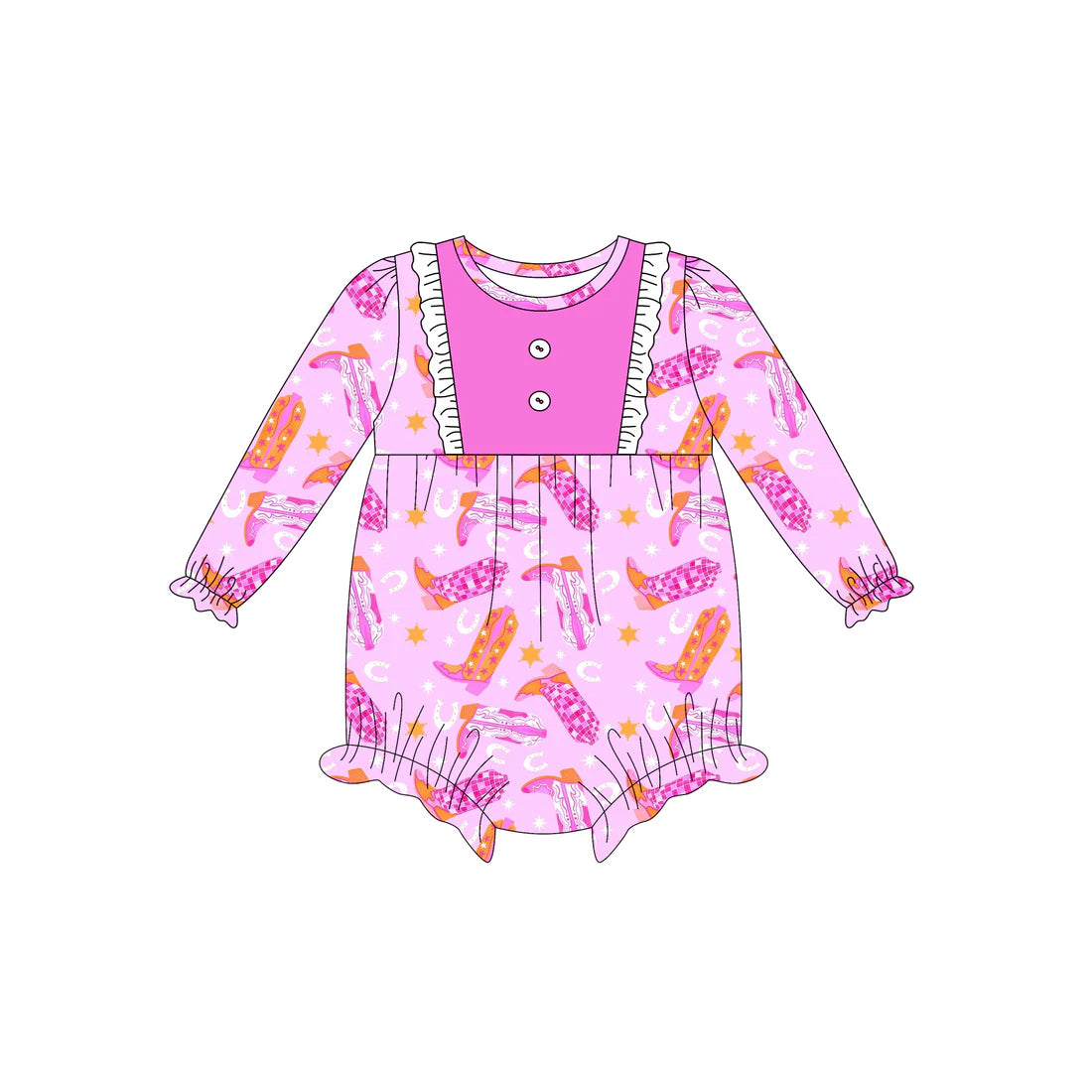 7.14Preorder (moq 5)Baby Girls Long Sleeves Pink Boots Stars Button Ruffle Romper