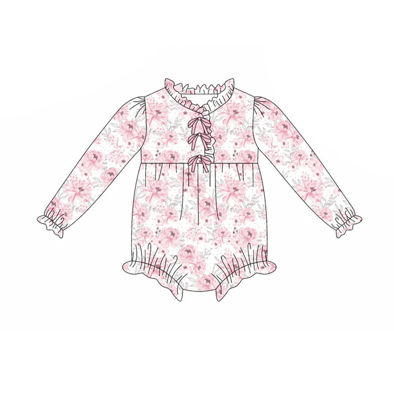 8.6Preorder(moq 5)Baby Infant Girls Pink Flowers Plaid Button Ruffle Rompers