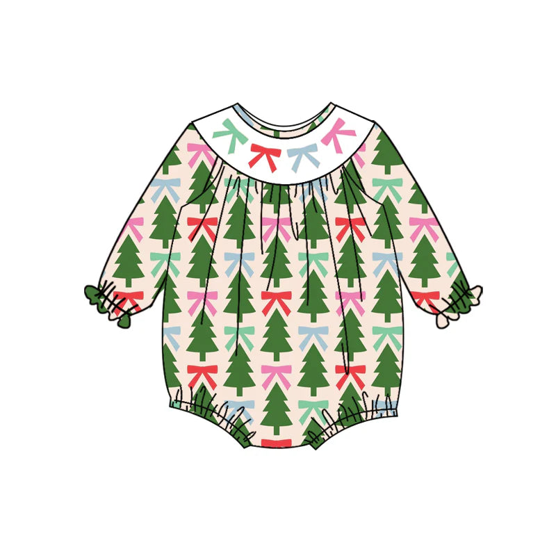 7.14Preorder (moq 5)Baby Girls Long Sleeves Red Green Bows Trees Ruffle Romper