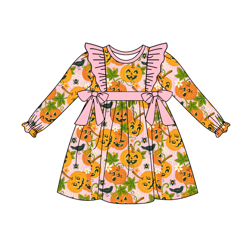 7.11Preorder (moq 5)Baby Girls Long Ruffle Sleeves Pumpkins Bows Knee Length Dresses