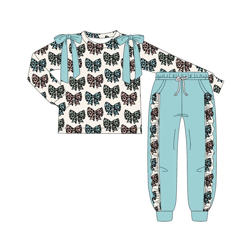 7.9Preorder (moq 5)Baby Girls Long Sleeves Leopard Bows Plaid Top Pockets Pant Clothes Set
