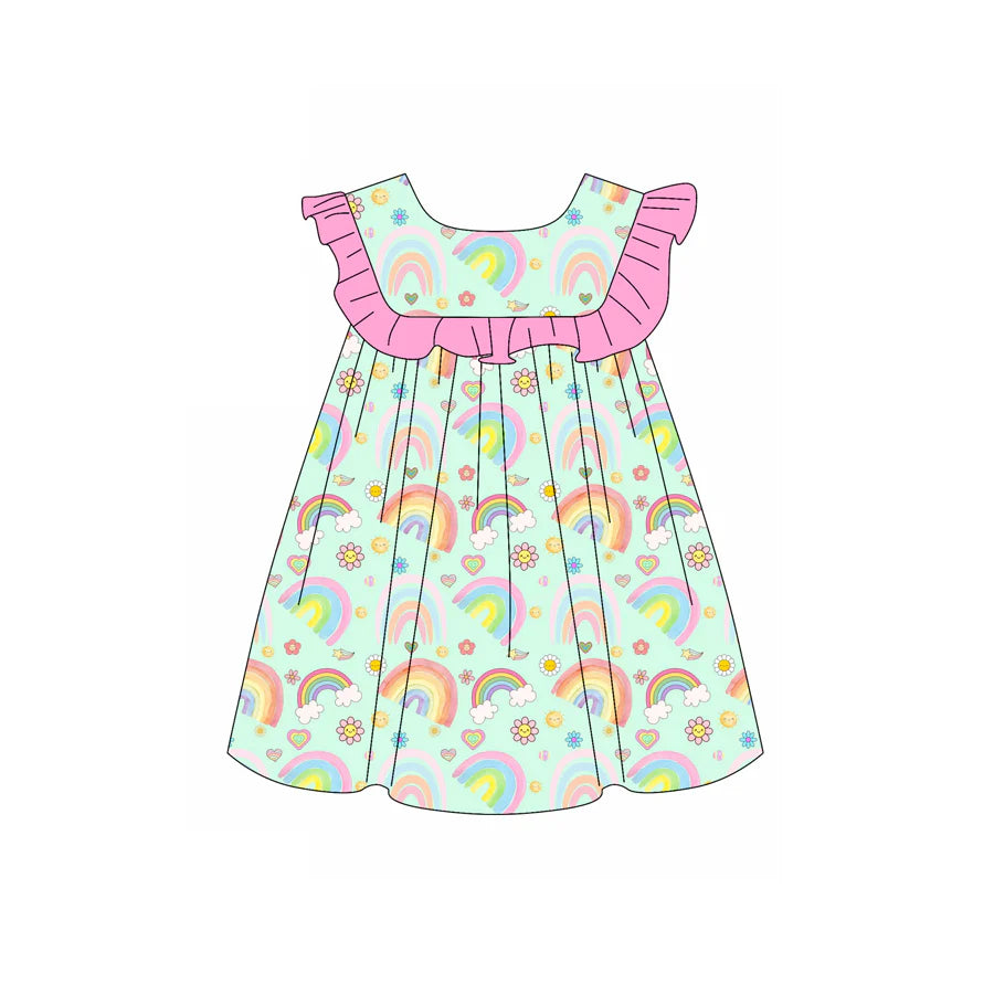 X1.15 Preorder (moq 5)Baby Girls Rainbow Flower Hearts Valentines Knee Length Dresses