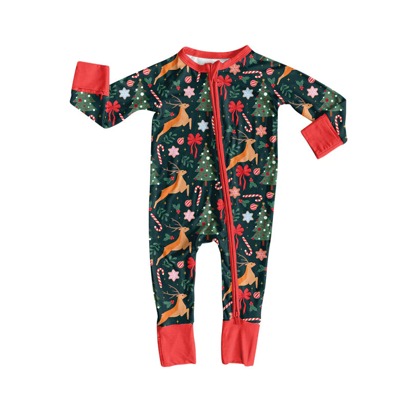 7.14Preorder (moq 5)Baby Girls Long Sleeves Deer Candy Cane Trees Zipper Romper