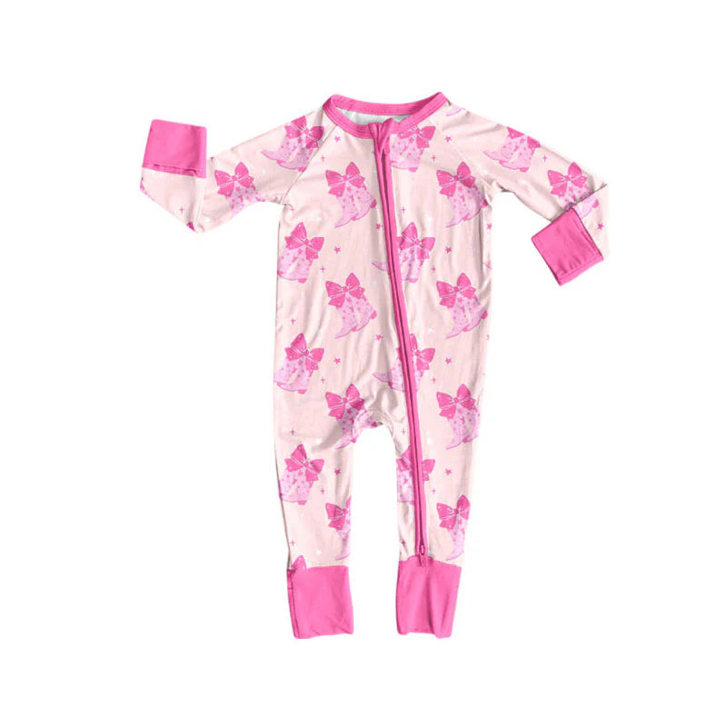 X908Preorder (moq 5)Baby Girls Pink Bows Boots Valentine Zipper Footie Rompers