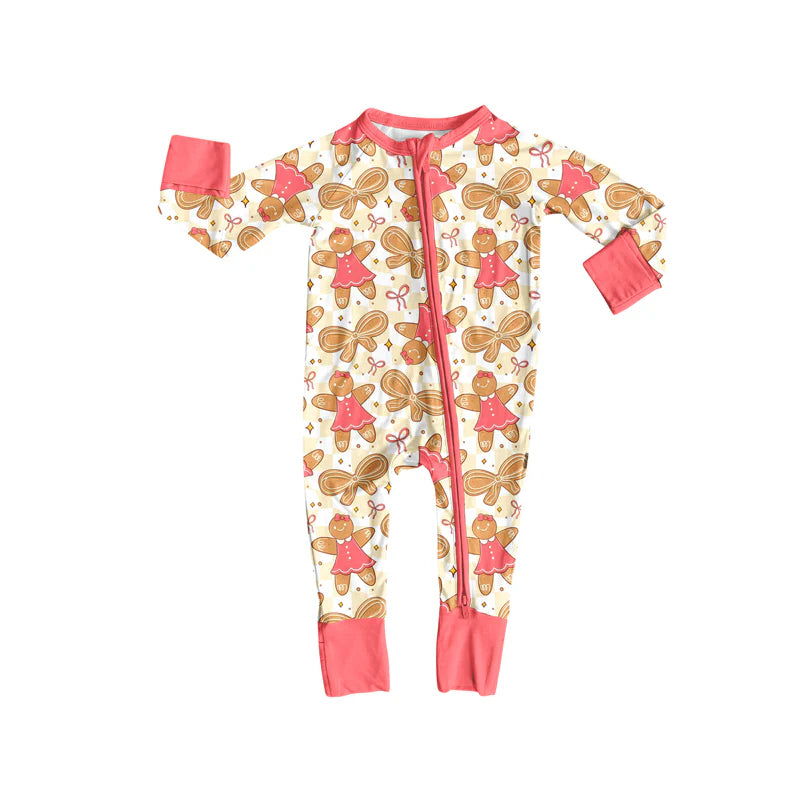 7.14Preorder (moq 5)Baby Girls Long Sleeves Pink Bows Gingerbread Plaid Zipper Romper