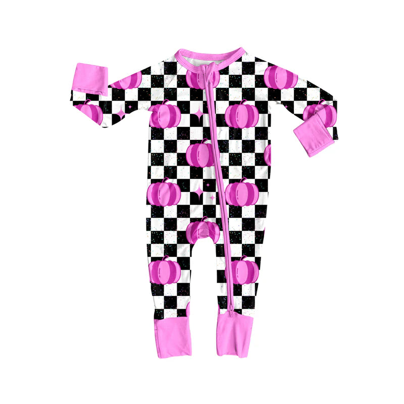 7.14Preorder (moq 5)Baby Girls Long Sleeves Hot Pink Pumpkins Black Plaid Zipper Romper