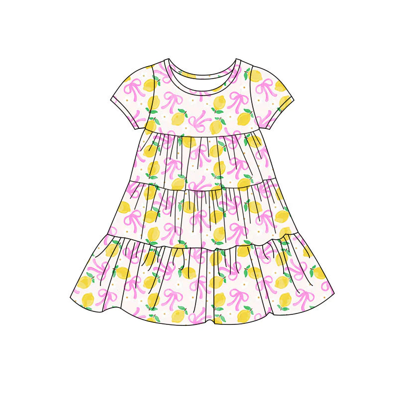 X11.20Preorder(moq 5) Baby Girls Bows Lemons Patchwork Ruffle Knee Length Dresses