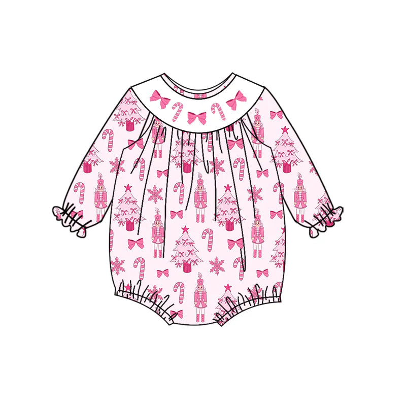 7.14Preorder (moq 5)Baby Girls Long Sleeves Pink Trees Soldiers Bows Ruffle Romper