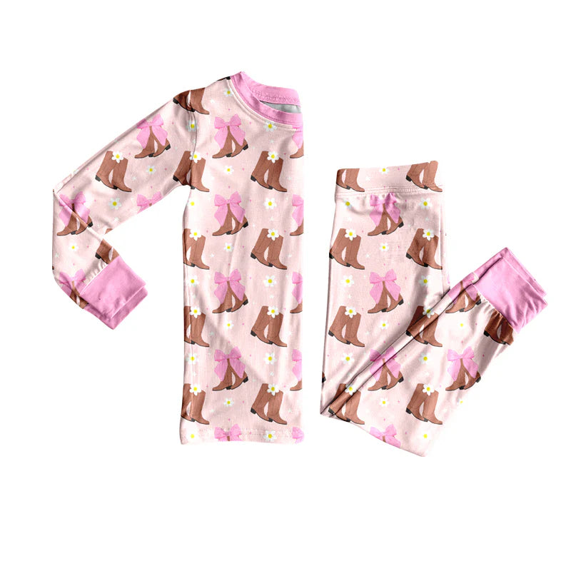 8.11Preorder(moq 5) Baby Girls Western Boots Bows Top Pants Lounge Wear Pajamas Sets
