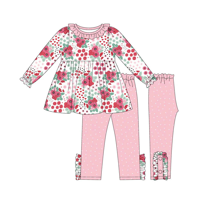 X923Preorder (moq 5)Baby Girls Pink Flowers Tunic Polka Dots Legging Pants Clothes Sets