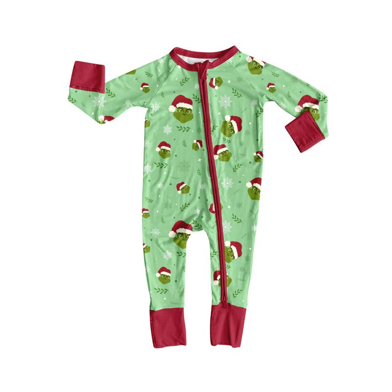 8.12Preorder(moq 5)Baby Infant Christmas Green Face Zipper Footie Rompers