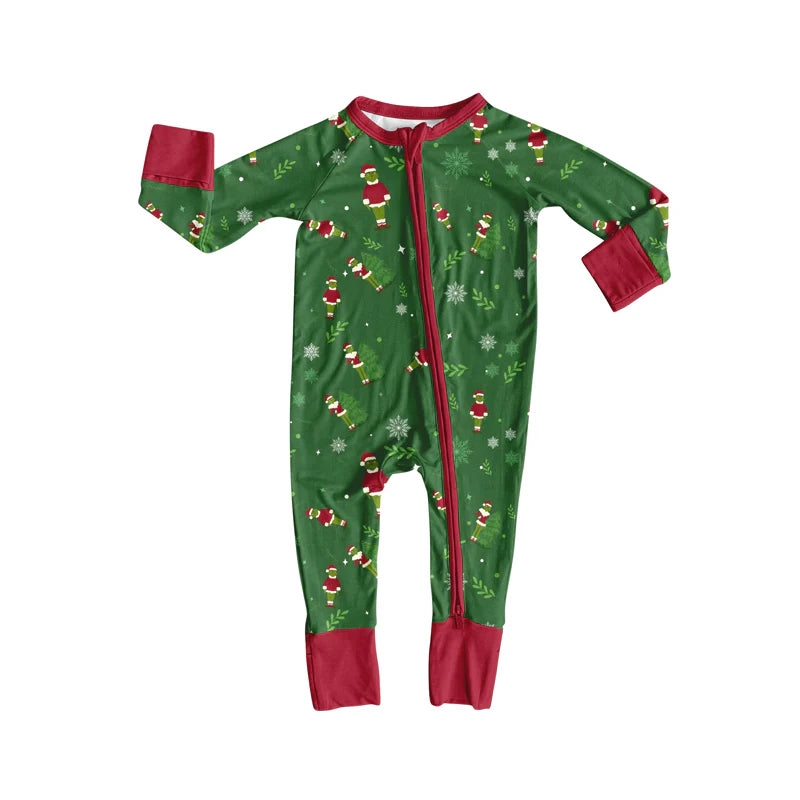 8.12Preorder(moq 5)Baby Infant Christmas Dark Green Face Zipper Footie Rompers