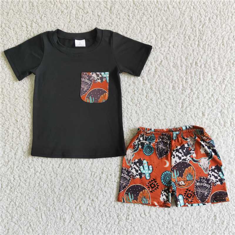 BSSO0014 baby boys cactus western pocket summer shorts sets