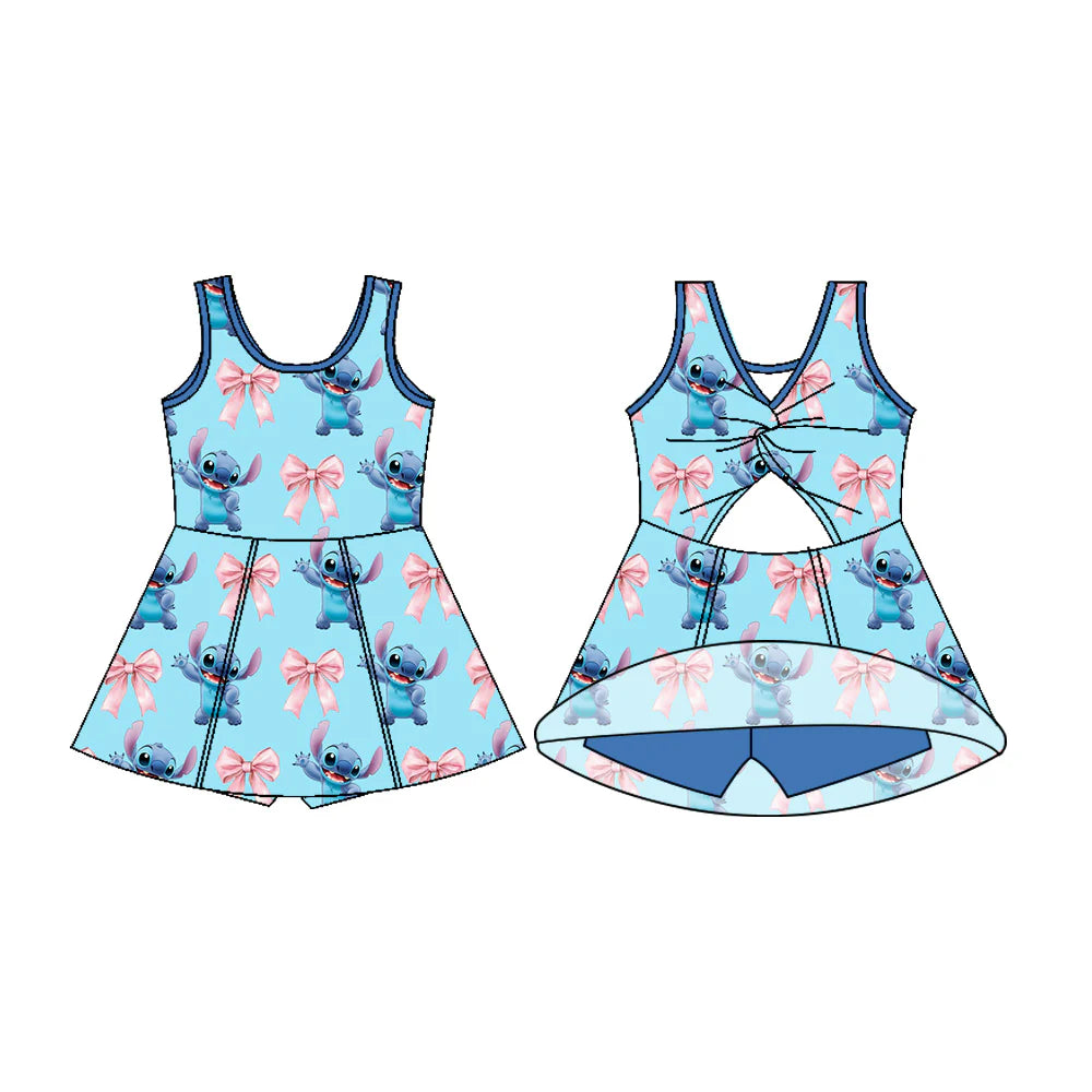 7.18Preorder (moq 5)Baby Girls Blue Sleeveless Cartoon Bunny Bows Shorts Team Knee Length Dress