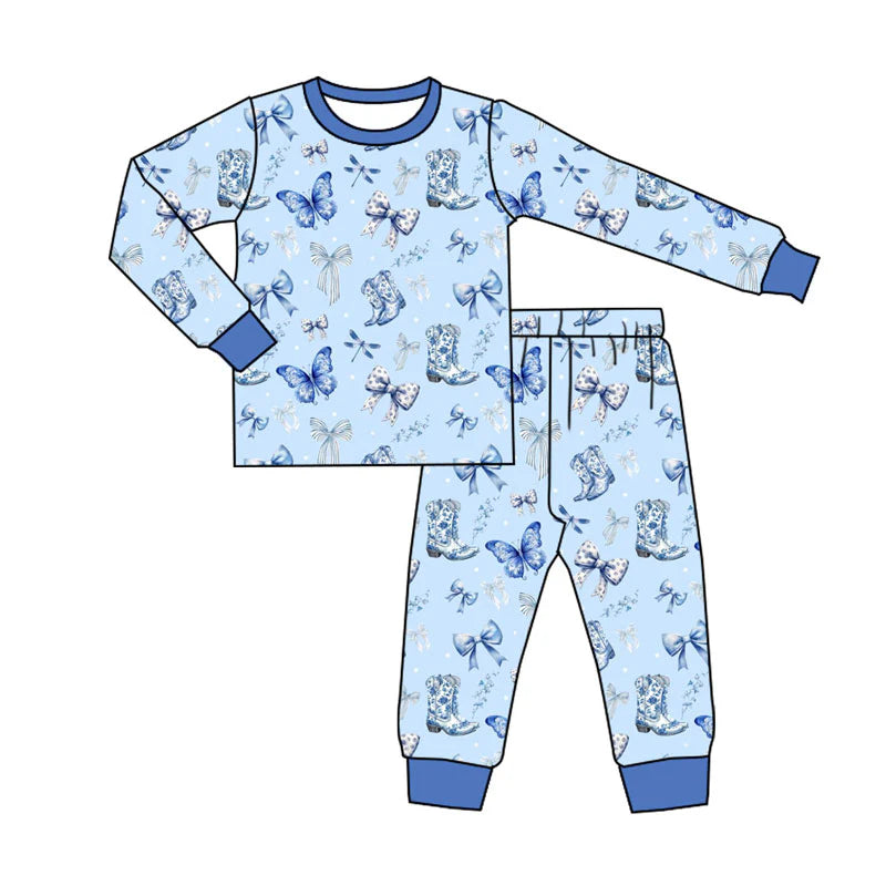 X924Preorder (moq 5)Baby Boys Blue Boots Butterfly Top Pants Pajamas Sets