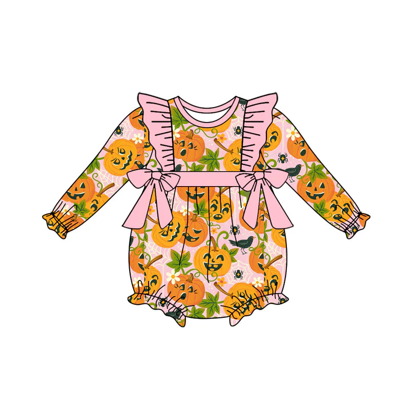 7.14Preorder (moq 5)Baby Girls Long Sleeves Ghost Pumpkins Floral Bows Ruffle Romper