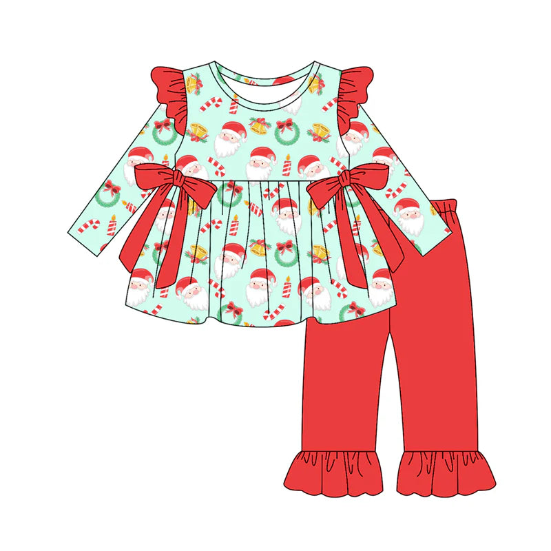 8.8Preorder(moq 5) Baby Girls Santa Candy Cane Bows Tunic Ruffle Pants Christmas Set
