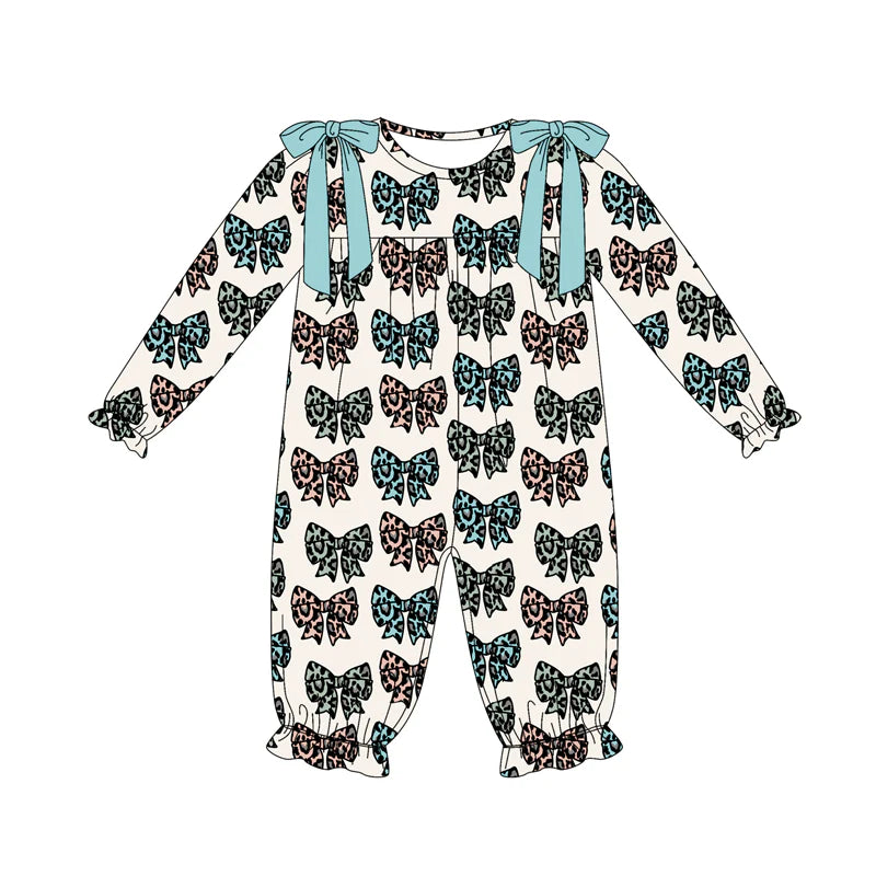 7.14Preorder (moq 5)Baby Girls Long Sleeves Colorful Leopard Bows Plaid Ruffle Pant Romper