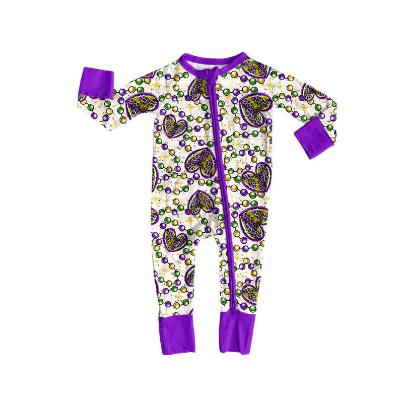 X926Preorder (moq 5)Baby Girls Leopard Hearts Checked Mardigras Zipper Footie Rompers