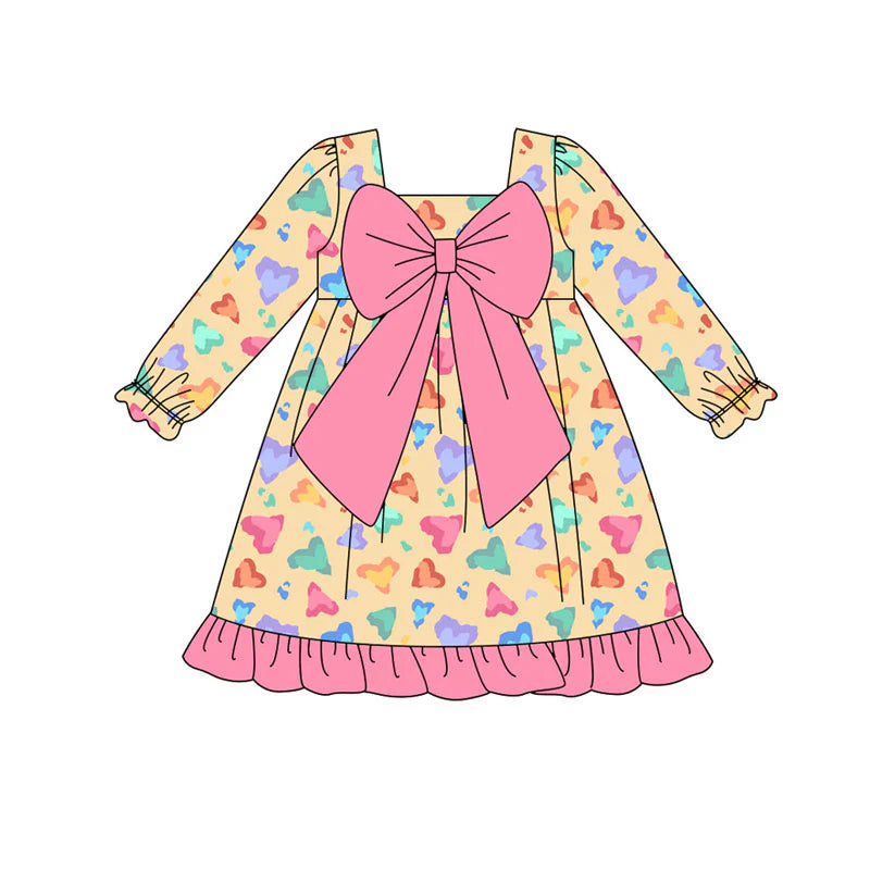 X920 Preorder (moq 5)Baby Girls Colorful Hearts Leopard Bows Valentine Ruffle Knee Length Dress
