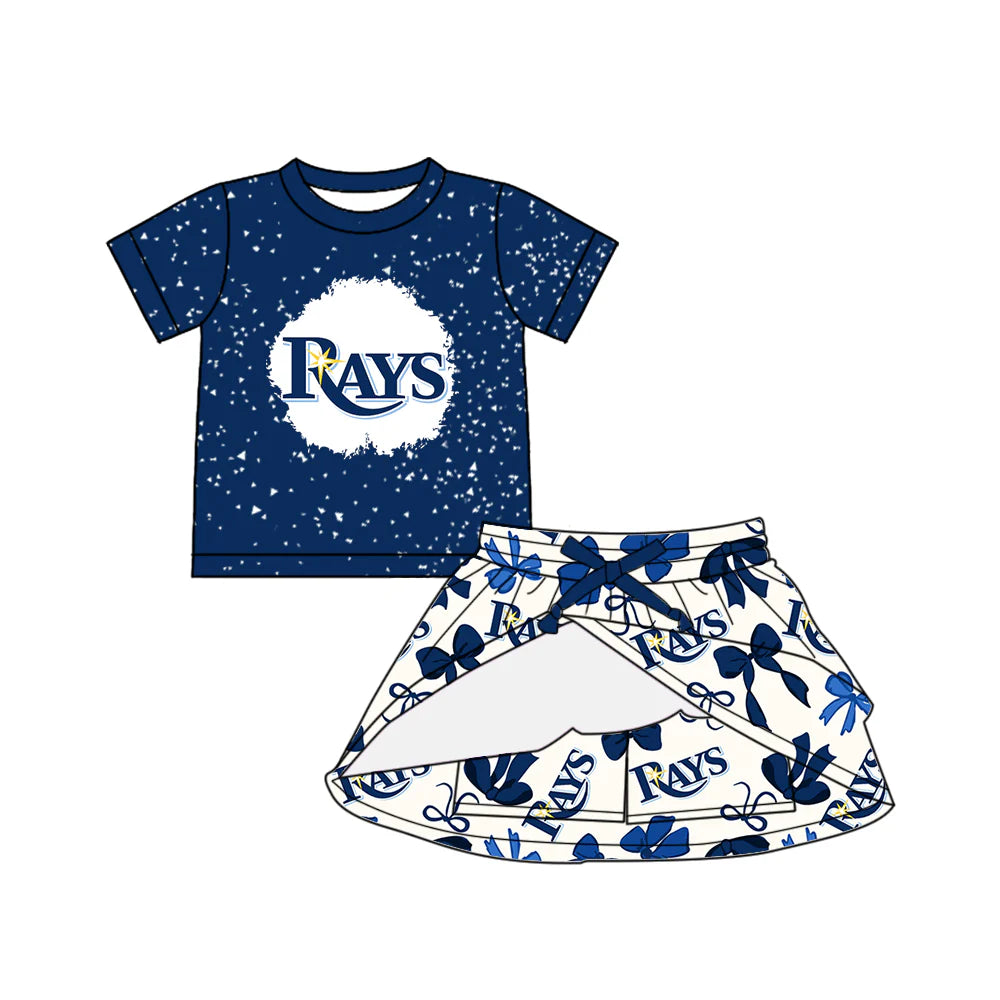 6.28Preorder (moq 5)Baby Girls Navy Short Sleeves Rays Top Bows Plaid Skorts Team Set