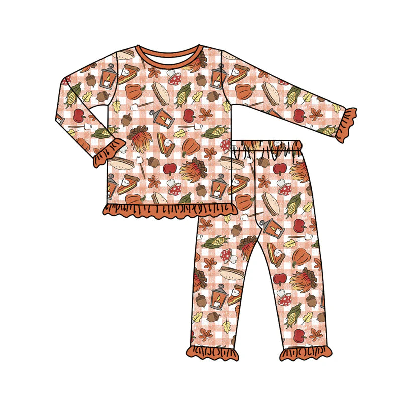 7.11Preorder (moq 5)Baby Girls Long Ruffle Sleeves Pumpkins Plaid Top Pants Pajamas Set