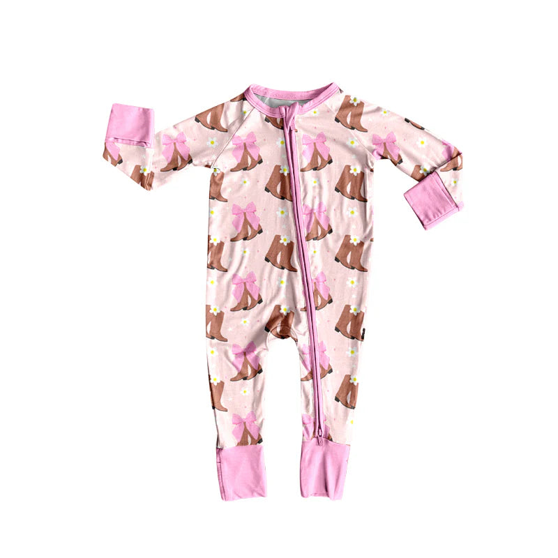 8.11Preorder(moq 5)Baby Girls Western Boots Bows Zipper Footie Rompers