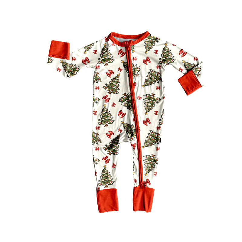 8.12Preorder(moq 5)Baby Infant Christmas Trees Bows Zipper Footie Rompers