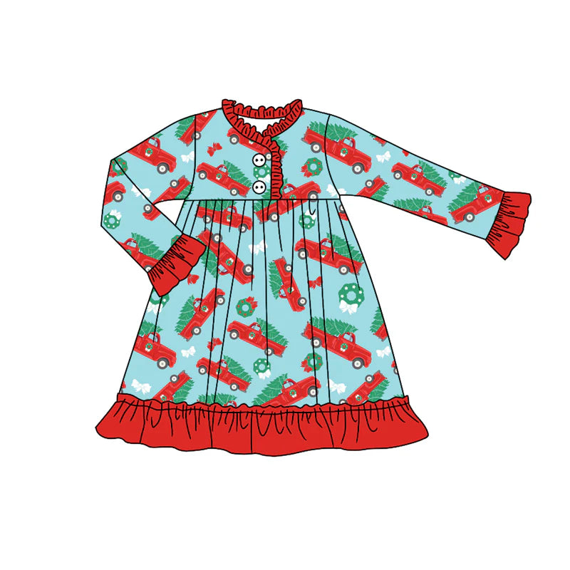 8.12Preorder (moq 5)Baby Girls Christmas Trucks Bows Ruffle Knee Length Gowns Dresses