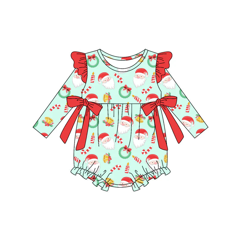8.8Preorder(moq 5)Baby Girls Santa Candy Cane Bows Christmas Ruffle Rompers