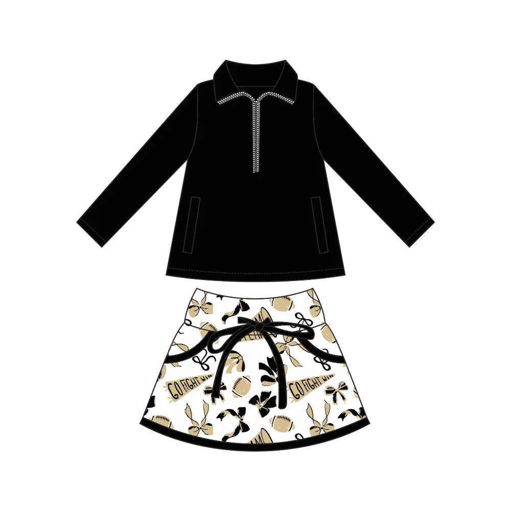 8.9Preorder moq 5 Baby girls Black Pullover team Tee Shirts Golden Skorts Clothes Sets