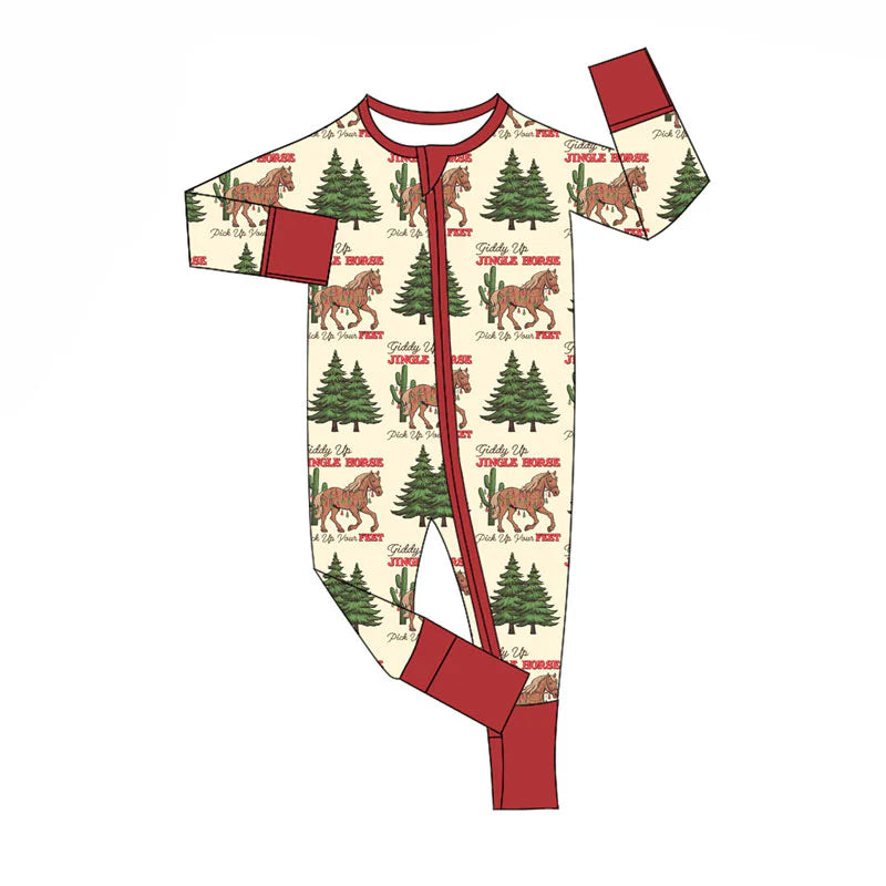 X920Preorder (moq 5)Baby Boys Trees Horses Cactus Merry Christmas Zipper Footie Rompers