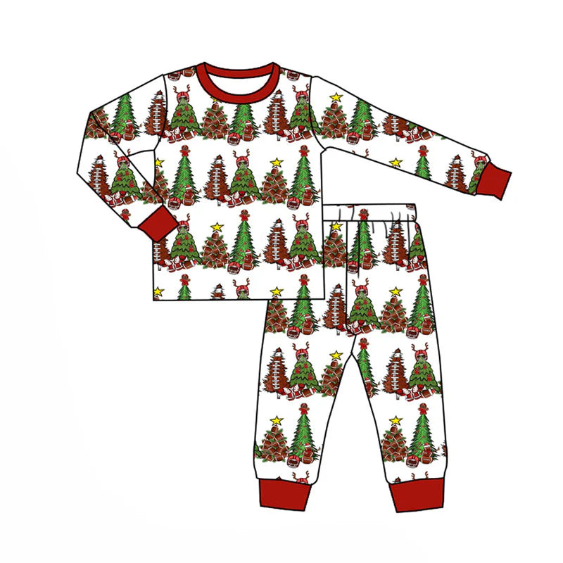 X922Preorder (moq 5)Baby Boys Trees Footballs Checked Top Pants Christmas Pajamas Set