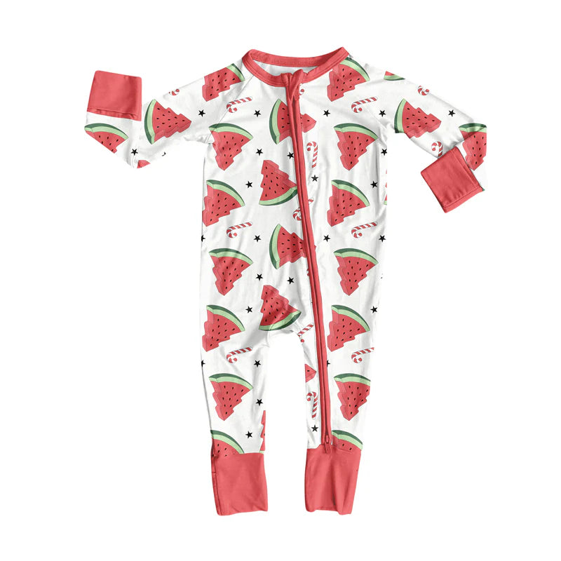 8.7preorder(moq 5)Baby Infant Boys Long Sleeves Watermelon Candy Cane Christmas Zipper Rompers
