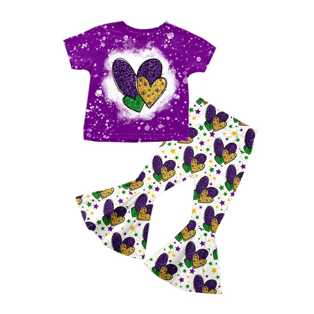 X925Preorder (moq 5)Baby Girls Purple Yellow Green Hearts Top Bell Bottom Pants Mardigras Clothes Sets