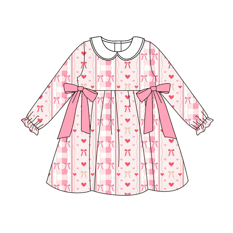 7.21Preorder (moq 5)Baby Girls Long Ruffle Sleeves Pink Bows Hearts Stripe Knee Length Dress