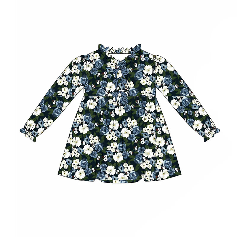 7.30Preorder(moq 5) Baby Girls Long Ruffle Sleeves Hot Blue Floral Knee Length Dresses