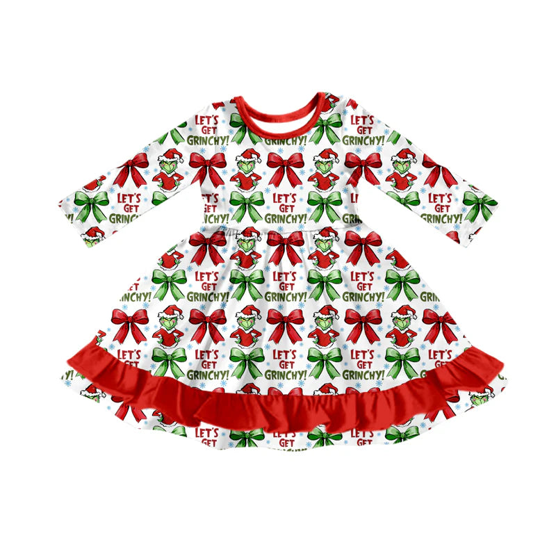 8.11Preorder (moq 5)Baby Girls Christmas Let's Go Frog Ruffle Knee Length Dresses