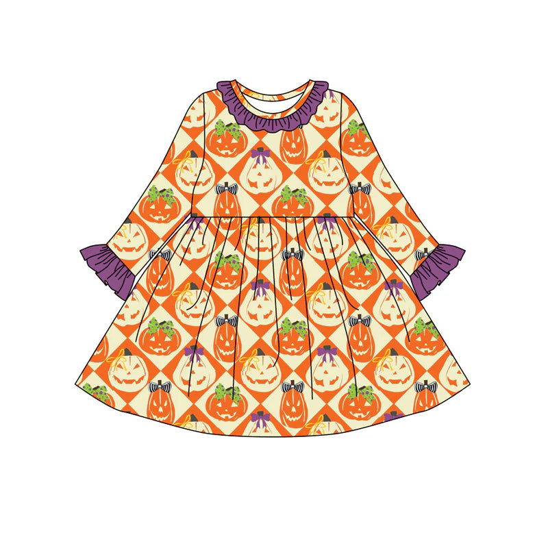 8.9Preorder (moq 5)Baby Girls Ghost Pumpkins Plaid Halloween Ruffle Knee Length Dresses