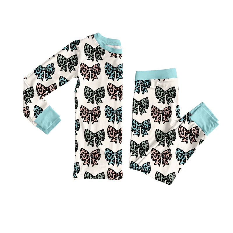 7.9Preorder (moq 5)Baby Girls Long Sleeves Leopard Bows Plaid Top Pant Pajamas Clothes Set