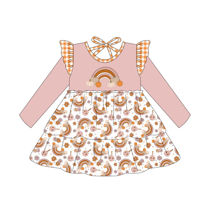 7.11Preorder (moq 5)Baby Girls Long Sleeves Rainbows Pumpkins Flowers Knee Length Dresses